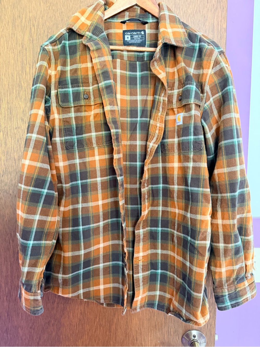 Carhartt Men’s Orange & Brown Plaid Flannel Button-Up Shirt